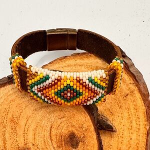 Leather Hand Beaded Bracelet Magnetic Clasp